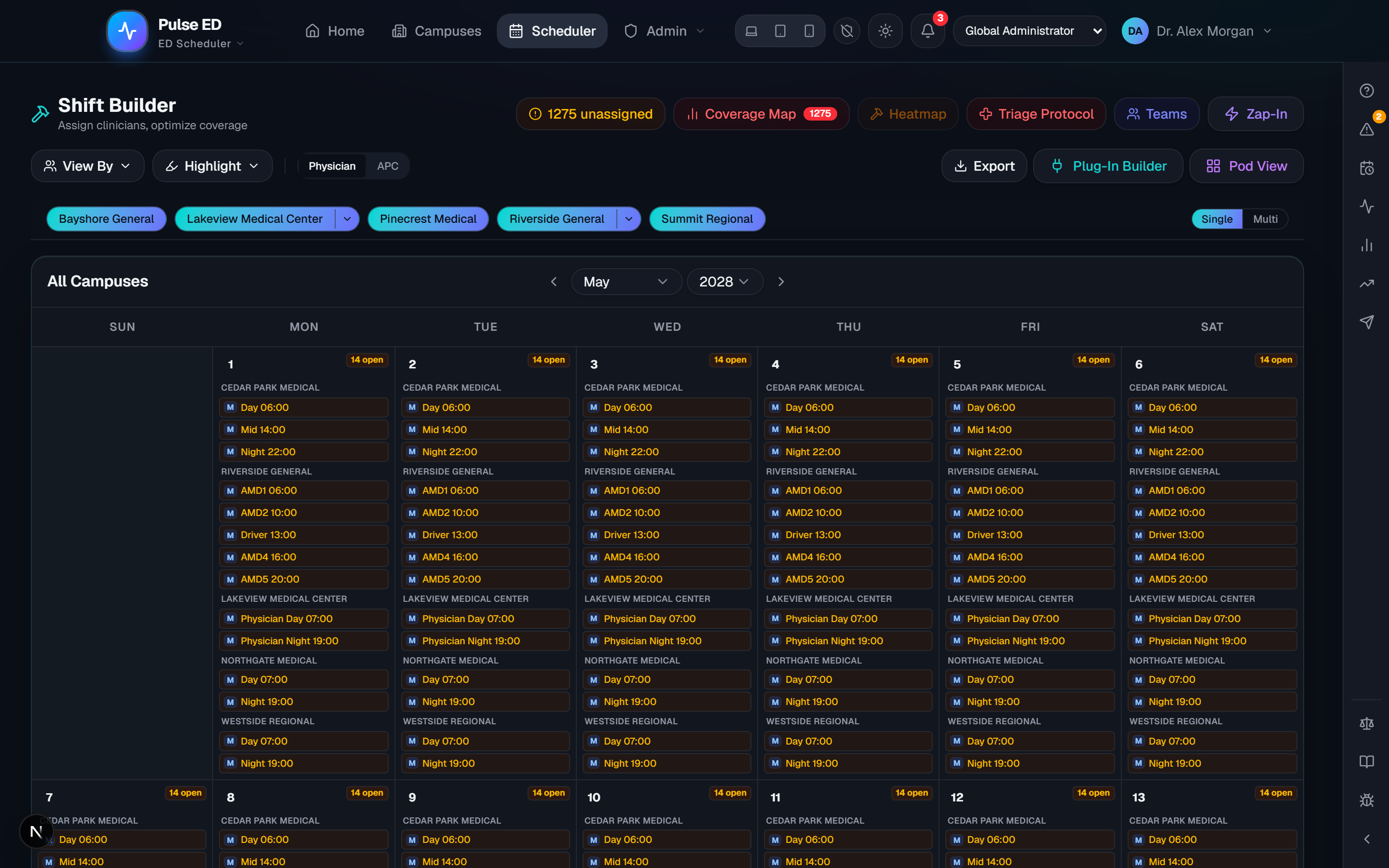 Pulse ED Shift Builder — drag-and-drop schedule calendar